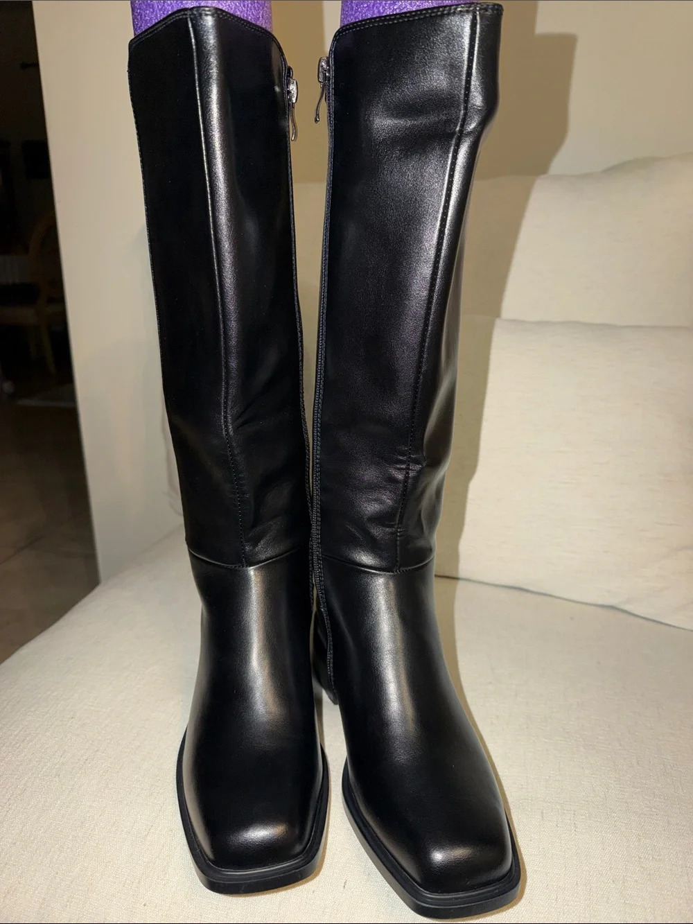 ISNOM Women's Black Faux Leather Boots with Block Heel